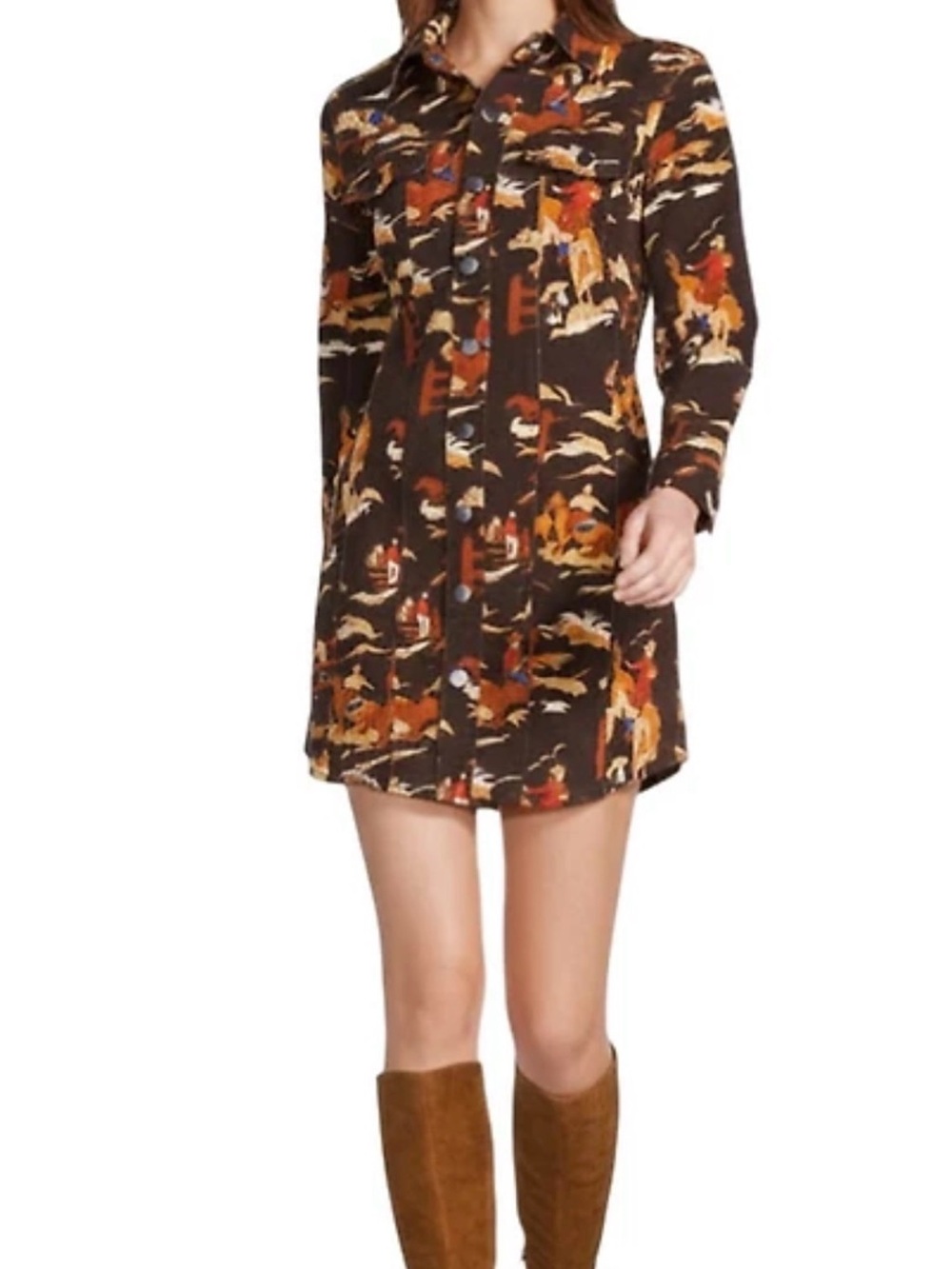 Reba Rodeo Cowboy Print Point Collar Long Sleeve Shirt Dress sz S